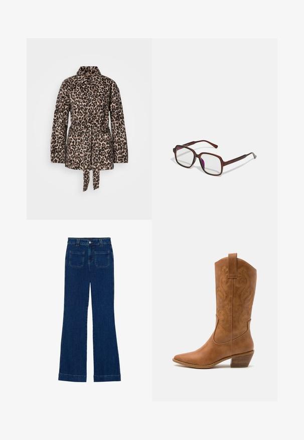 Beige ja musta leopardimustriga jakk, millel on krae, nööpidega esiosa, kaks rinna taskut, vöökoht ja tekstureeritud kangas.; Must have muströppeta top, mis on valmistatud siledast kangast. Lihtne disain, kõrge kaelusega ja sirge äärega, minimalistik ja ühte värvi.; Tumedat sinised flared teksad, millel on sile tekstuur, viie tasku disain ja nupuga kinnitamine vööl.; Kohvitooni nahast cowboy-kork, millel on terav varvas, tikitud keerised varrel ja virnastatud ploki konts. Omab tõmbeava, et seda oleks lihtne jalga panna.; Pruunid, ristkülikukujulised prilliraamid, millel on läbipaistvad läätsed ja lillakad tooni. Sile plastikraam otste kaared ja peente aksenditega.; Hõbedased rõngastikkaehingad minimalistlikus disainis. Ümar kuju, sile tekstuur ja õhuke profiil. Kerged ning poleeritud viimistlusega.