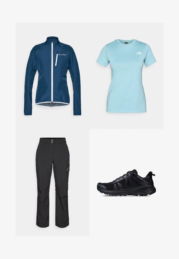 Chaqueta cortavientos azul marino con collar alto y cremallera blanca. Presenta mangas largas y puños elásticos. Logo de la marca en el lado izquierdo del pecho.; Camiseta de algodón azul claro con mangas cortas y cuello redondo; presenta un pequeño logo blanco en la parte superior izquierda del pecho.; Pantalones exteriores negros de corte recto, con cierre de botón, bolsillos laterales con cremallera y un parche con el logotipo en el muslo izquierdo.; Zapatilla de trail running negra con parte superior de malla y suela de goma. Presenta sobrecapas texturizadas, puntera reforzada y logo de la marca en el talón.