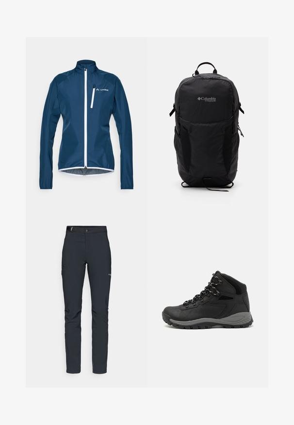 Jūras zila vēja mētelis ar augstu apkakli un balto rāvējslēdzēju. Tam ir garas piedurknes un elastīgas aproces. Zīmola logo kreisajā krūtī.; Melnā Columbia T-kreklā ar baltu apļa kalnu un upes kontūru mākslu, kā arī tekstu "Columbia Sportswear Company Outside Since 1938."; Vīriešu āra bikses, tumši pelēkā krāsā, izgatavotas no elastīga materiāla, ar jostu, kabatām ar rāvējslēdzēju un pastiprinātām šuvēm.; Melni pārgājienu zābaki ar vidēju augstumu, ar teksturētu augšdaļu, pelēkiem akcentiem un izturīgu gumijas zoli ar saķeres izvirzījumiem.; Melnā Columbia Titanium mugursoma ar gludu auduma faktūru, sānu kabatām, augšējo rokturi un regulējamiem siksnām. Minimālistisks dizains ar diskrētu zīmola identifikāciju.