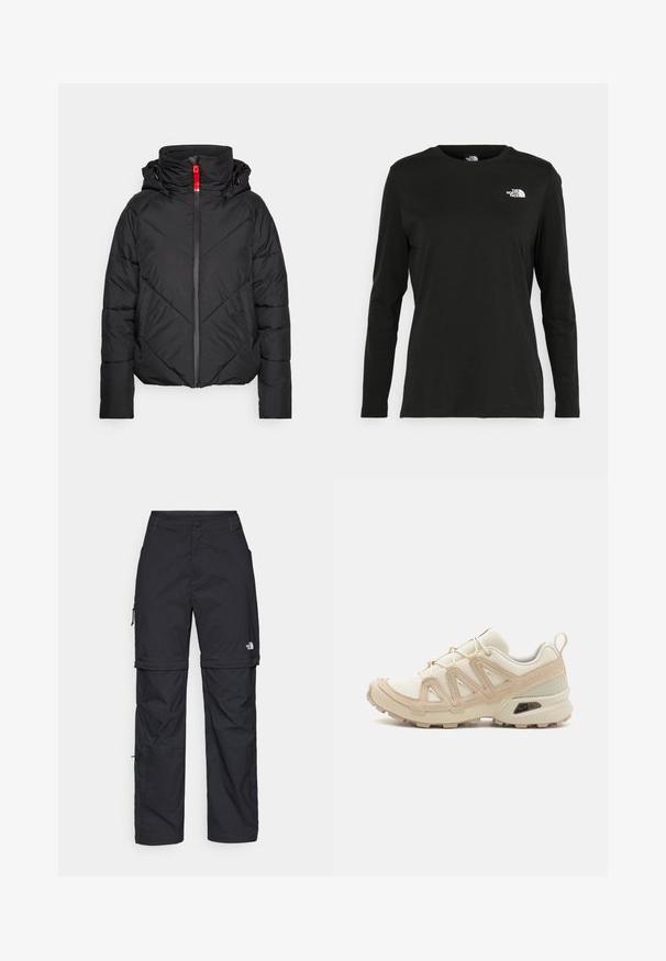 Must mustagaheeritud must jope kõrge kraega, ees lukuga ja kapuutsi abil. Omab diagonaalset õmblemist ja kontrastset punast lukk.; Must mustahiheline T-särk, millel on pikad varrukad, valmistatud puuvillast ja ümarast kaelusest. Vasakul rinnal on väike valge logo. Lihtne disain ja sobivus.; Mustad nailonist valmistatud eemaldatavad cargo-püksid, reguleeritavate pahkluudega, mitmete taskutega ja paremal jalal logoga. Sile, kerge tekstuur.; Beež ja koobalti spordijalats tekstureeritud võrkkattega, toetavad ülemised kihid ja kummist tallaga, millel on mustriga joonistus haardeks.