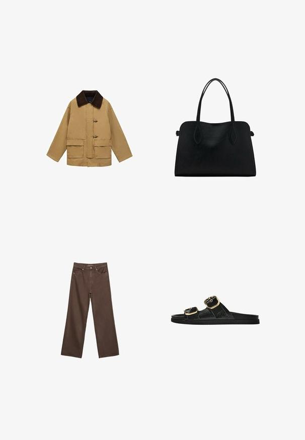 Pamučna jakna bež boje s smeškim kordura ovratnikom, dva prednja džepa i vezanjem na dugmad. Dizajn je slobodnog kroja i blago skraćen.; Smeđi kratki rukav majica od mekog pamuka. Ima okrugli izrez i širok kroj, s glatkom teksturom i bez vidljivih uzoraka.; Proširene smeđe traperice od denima, s visokim strukom, prednjim džepovima i klasičnom kopčom na dugme. Glatka tekstura s suptilnim šavovima.; Crne sandale na klizanje s dva zlatna akcenta u obliku kopči, glatkog teksturiranog materijala, ravnim potplatom i minimalističkim dizajnom.; Crna kožna torba s dvostrukim naramenicama, pravokutnog oblika i minimalističkim dizajnom na bijeloj pozadini.