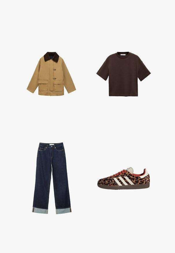Sandfarvet bomuldsjakke med en brun kordfløjlskrage, to for-lommer og togglesluiting. Designet er løst og let cropped.; Brun kortærmet t-shirt lavet af blød bomuld. Har en rund halsudskæring og en boxy pasform, med en glat tekstur og ingen synlige mønstre.; Mørkeblå vide jeans med højt talje, med opfoldede vamsser, kontrastsyning og fem-lommers design. Lavet af denim stof.; Sko i leopardmønster med ruskindsmateriale, røde snørebånd og tre hvide striber på siden. Har en cremefarvet tunge og en brun sål.