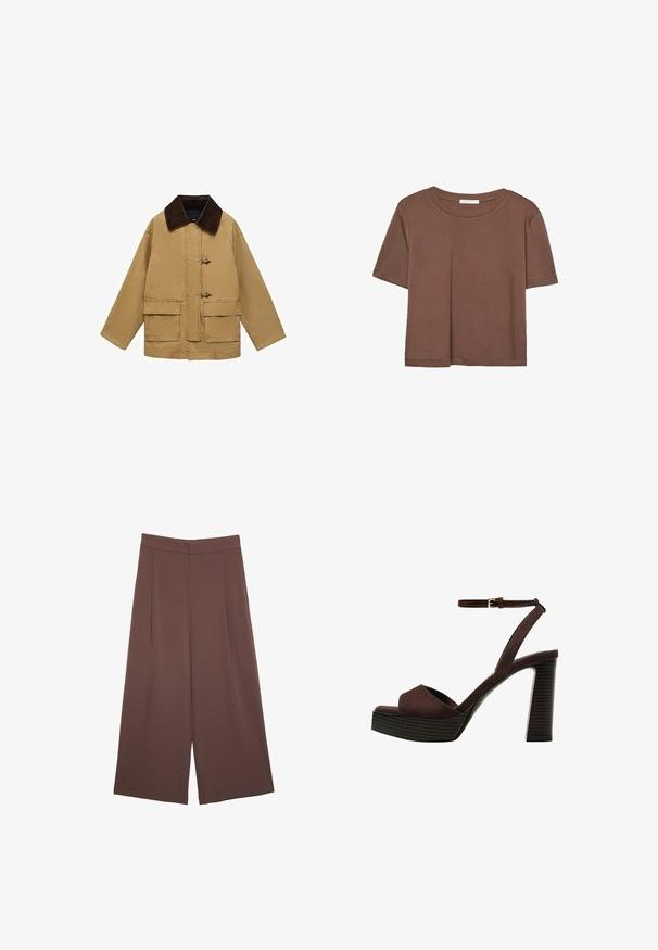 Sandfarvet bomuldsjakke med en brun kordfløjlskrage, to for-lommer og togglesluiting. Designet er løst og let cropped.; Brun kortærmet t-shirt lavet af blødt stof, med rund halsudskæring og afslappet pasform. Ingen synlige mønstre eller detaljer.; Brune bredbunde bukser med en glat tekstur, der har høj talje og plisseringer foran. Stoffet er let og falder løst.; Brune ruskinds højhælede sandal med åben tå, justerbar ankelrem og en stribet plade sål.