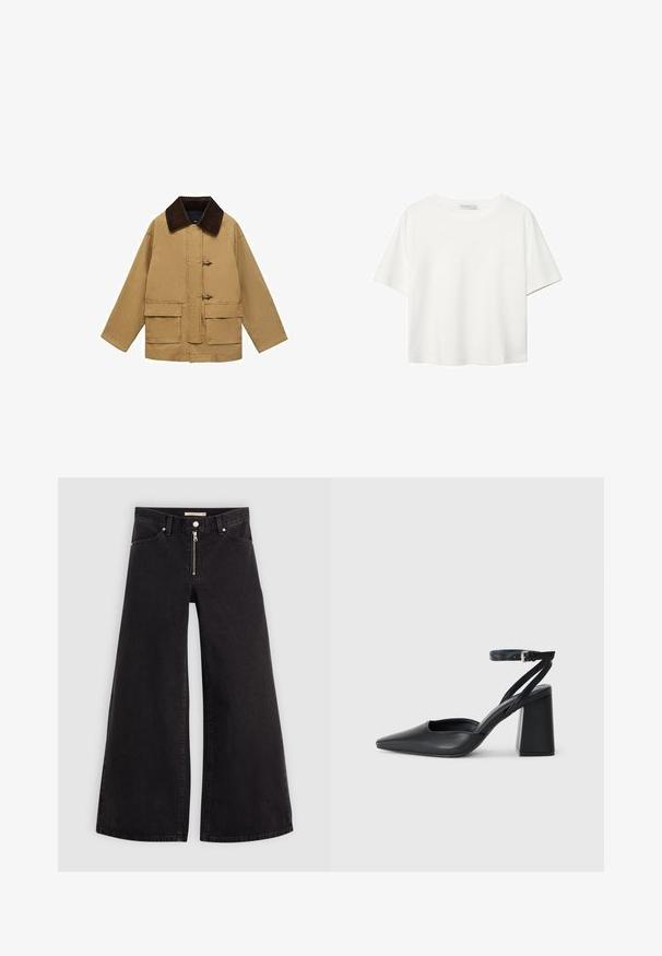 Sandfarvet bomuldsjakke med en brun kordfløjlskrage, to for-lommer og togglesluiting. Designet er løst og let cropped.; Hvid kortærmet t-shirt lavet af bomuld. Har en rund halsudskæring og en afslappet pasform. Glat tekstur uden synlige mønstre eller detaljer.; Vide ben jeans i sort denim med lynlås foran, fem lomme-design og subtile stikninger. Glat tekstur og afslappet stil.; Sort læder spidse pumps med ankelrem og en chunky hæl. Flad tekstur, slankt design og minimalistisk æstetik.