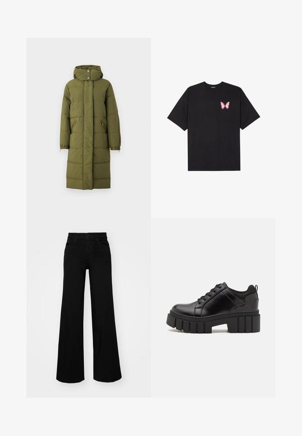 Oliven grønn boblejakke med hette, vertikal søm, justerbare mansjetter og glidelåslommer på siden. Midtlengde og lett materiale.; Svart bomulls T-skjorte med korte ermer, med en liten rosa sommerfugl grafikk på venstre bryst. Crew-neck design med en avslappet passform.; Svart vide bukser laget av denim, med en strukturert midjebånd, beltestropper og frontlommer. Glatt tekstur med et klassisk design.; Svarte lærplattformsko med kraftig blokkhell, rund tå og tradisjonell snøring. Har en jevn tekstur og minimal detaljering.