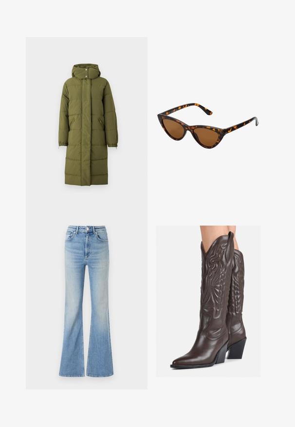 Casaco puffer verde-oliva com capuz, costura vertical, punhos ajustáveis e bolsos laterais com fecho éclair. Comprimento médio e material leve.; Top desportivo sem mangas, de cor branca, feito de tecido canelado, com decote arredondado e silhueta justa, apresentando costuras mínimas e sem adornos.; Calças de ganga largas de cor azul claro, com uma cintura alta, design de cinco bolsos e um ligeiro desvanecimento em gradação em direção à bainha.; Botas de cowboy em couro castanho com bico pontudo e salto quadrado, apresentando costuras detalhadas e realces elevados no cano.; Óculos de sol estilo gato com uma armação em tartaruga preta e laranja, lentes castanhas e pontas elegantes e pontiagudas. Apresenta um logo minimalista na haste.; Pequena bolsa de creme com um acabamento texturizado, uma alça longa ajustável, um detalhe em corrente e um fecho de aba. Detalhes em hardware dourado.