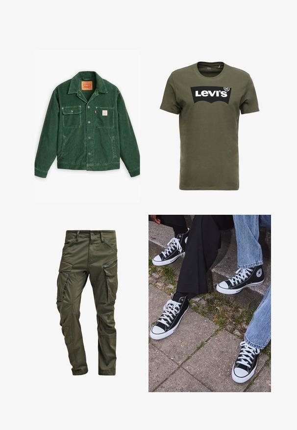 Levi's® Workwear SUNRISE TRUCKER - Casaco de ganga - python green; T-shirt de algodão verde oliva com um grande logo preto da Levi's na frente. Gola redonda clássica e mangas curtas, textura suave.; Calças cargo de verde oliva feitas de algodão resistente. Apresenta múltiplos bolsos, um bolso lateral com fecho de correr e pernas afuniladas com um acabamento ligeiramente texturizado.; Sneakers de lona pretos de cano alto com solas e atacadores brancos, apresentando um logótipo circular de lado e combinados com calças de ganga e calças pretas.
