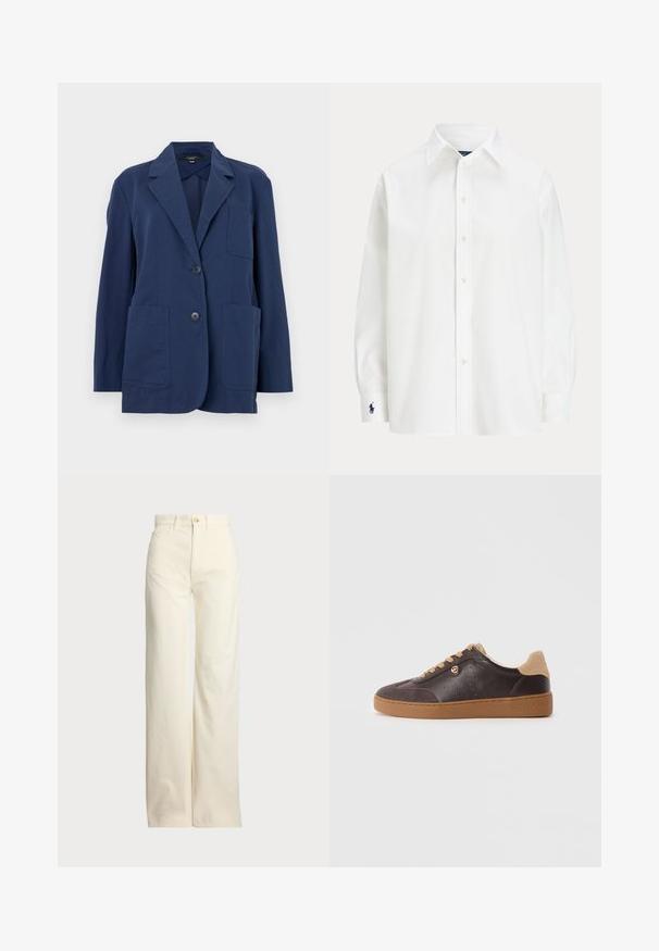 Marineblazer aus leichtem Stoff, mit Reverskragen, zwei großen Fronttaschen und zwei Knöpfen zum Schließen. Glatte Textur mit dezentem Glanz.; Weißes Hemd mit langen Ärmeln, klassischem Kragen und einem kleinen blauen Logo am Bund. Glattes Baumwollmaterial, strukturierte Passform.; Polo Ralph Lauren COTTON CORDUROY WIDE-LEG PANT - Stoffhose - warm white; Dunkelbraune Leder- und Wildledersneaker mit hellbraunen Schnürsenkeln und Sohle, goldfarbenem Logoakzent und "Michael Kors"-Prägung auf der Sohle.