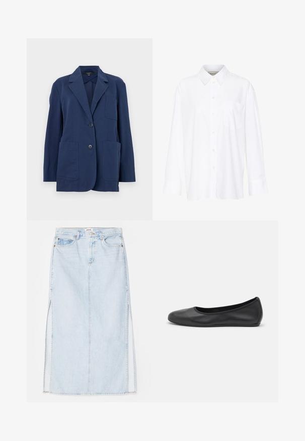 Marineblazer i let stof, med notch-krave, to store forlommer og to-knaps lukning. Glat tekstur med subtil glans.; Hvid langærmet skjorte med krave lavet af bomuld. Har en knaplukning fortil og en enkelt brystlomme. Glat tekstur, afslappet pasform.; Lyseblå denim maxi nederdel med lige snit, der har sideslidser og fem-lomme design. Fremtrædende syninger og metalknaplukning.; Sort læderballetsko med rund tå, glat tekstur, minimal syning og et fleksibelt såldesign.