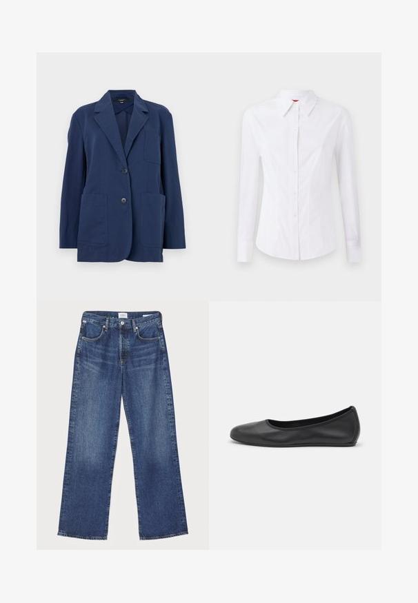 Jūras flotes žakete no viegla auduma, ar griezumu apkakli, divām lielām priekšējām kabatām un divu pogu aizdari. Gluda tekstūra ar smalku spīdumu.; Balta garām piedurknēm krekls ar norādītu apkakli, priekšējo pogu aizdari un pieguļošu piegriezumu. Viegla kokvilnas auduma ar smalkiem šuvju akcentiem.; Citizens of Humanity ANNINA - Džinsi ar taisnām starām - westwood dark indigo; Melna ādas baleta kurpe ar noapaļotu purngalu, gludu tekstūru, minimālu šuvju detalizāciju un elastīgu zoles dizainu.