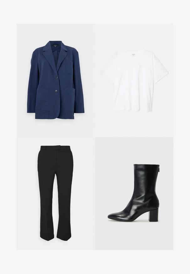 Blazer blu navy in tessuto leggero, con colletto a revers, due ampie tasche frontali e chiusura a due bottoni. Texture liscia con un leggero luccichio.; T-shirt bianco in cotone con maniche corte, scollo rotondo, vestibilità comoda e orlo cucito. Etichetta visibile all'interno del colletto.; Pantaloni neri su misura con design a gamba dritta, dotati di passanti per cintura e tasche laterali. Realizzati in tessuto liscio con una finitura pulita.; Stivale alla caviglia in pelle nera con punta affusolata e tacco a blocco di 4 cm. Design elegante con cerniera laterale per una facile calzata. Tessuto liscio.