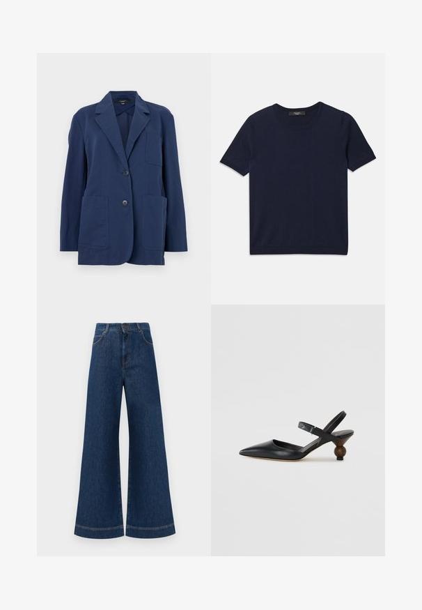 Merineel bleiser kergest kangast, millel on nurgeline krae, kaks suurt eesmist taskut ja kahe nöpuga sulgemine. Sile tekstuur, millel on peen sära.; Tumesinine lühikese varrukaga T-särk, valmistatud pehmest kangast, ümarate krae ja soonikservadega, sile tekstuur ja ilma nähtavate mustriteta.; Laia siniste denim pükste suur jalg, kõrge vöökoht, nupuga kinnitamine, vöökohad ja peened õmblusdetailid taskute ja äärte ääres.; Must musta slingback kingad terava varba, kõverdisainiga ja ümar puidust sarnane konts. Omab kitsast pahkluu rihma.