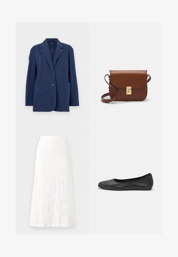 Granatowa marynarka z lekkiego materiału, z kołnierzem z klapami, dwoma dużymi przednimi kieszeniami i zapięciem na dwa guziki. Gładka tekstura z subtelnym połyskiem.; Biała koszulka krótki rękaw wykonana z materiału prążkowanego. Okrągły dekolt, regularny krój i subtelne detale szwów. Bez wzorów ani grafik.; Dzianinowa biała spódnica midi z fakturowanym wzorem w pionowe linie oraz wycięciami przy dolnej krawędzi. Elastyczny pas. Miękki materiał.; Czarne skórzane baletki z zaokrąglonym noskiem, gładką fakturą, minimalnymi przeszyciami i elastycznym designem podeszwy.; Brązowa skórzana torebka na ramię z klapką, złotymi detalami, paskiem na ramię i gładką teksturą. Kompaktowy prostokątny kształt.