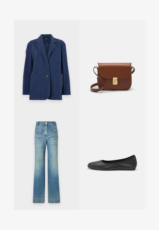 Marineblazer van lichtgewicht stof, met een geknipt kraag, twee grote voorzakken en een tweeknoopsluiting. Glad is de textuur met een subtiele glans.; Witte korte mouwen t-shirt van ribstof. Ronde halslijn, normale pasvorm en subtiele stiksels. Geen patronen of grafische elementen.; Lichtblauwe spijkerbroek met flared model, vijf zakken, riemlussen, knoopsluiting en een licht vervaagd textuur, met een rode logo-detail op de achterkant.; Zwarte leren ballerina met een ronde neus, gladde textuur, minimale stikdetails en een flexibele zoolontwerp.; Bruine leren handtas met een klep sluiting, gouden hardware, een schouderband en een gladde textuur. Compact rechthoekige vorm.
