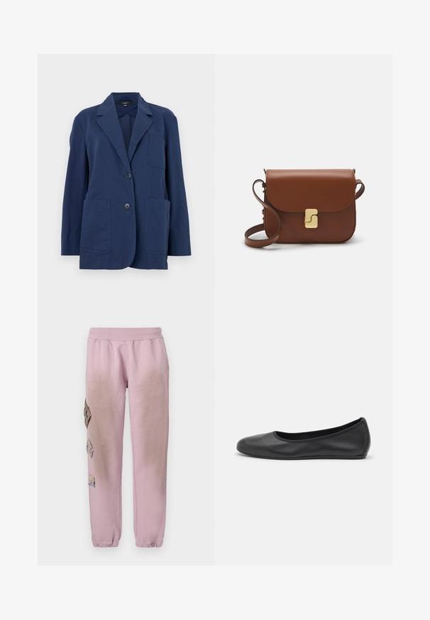 Marineblazer i let stof, med notch-krave, to store forlommer og to-knaps lukning. Glat tekstur med subtil glans.; Hvid kortærmet t-shirt lavet af ribbet stof. Rund halsudskæring, almindelig pasform og subtile syninger. Ingen mønstre eller grafik.; Lyserøde sweatpants med elastisk talje, prydet med dekorative patches i diamantform på venstre side og elastiske manchetter ved anklerne.; Sort læderballetsko med rund tå, glat tekstur, minimal syning og et fleksibelt såldesign.; Brun læder håndtaske med flaplukning, hardware i gyldent tone, en skulderrem og en glat overflade. Kompakt rektangulær form.