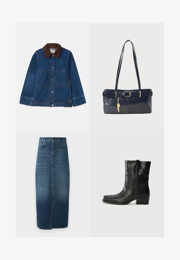 Jaqueta de ganga com gola de veludo cotelê castanho escuro, botões de pressão na frente, dois bolsos frontais de remendo e um discreto emblema na lateral.; Blusa branca de mangas curtas com bordados florais azuis, decote redondo e padrões intricados na frente e nas mangas.; Saia midi de denim em índigo escuro, com uma fenda frontal e ligeira descoloração. Design clássico de cinco bolsos com fecho em botão de metal.; Bota de tornozelo em couro preto com bico arredondado, salto bloco, fecho lateral e detalhes em costura na parte frontal. Textura suave, design clássico.; Bolsa de couro azul-marinho com duas alças longas, um detalhe de fivela e um porta-chaves anexado. Apresenta uma textura suave e uma forma retangular.