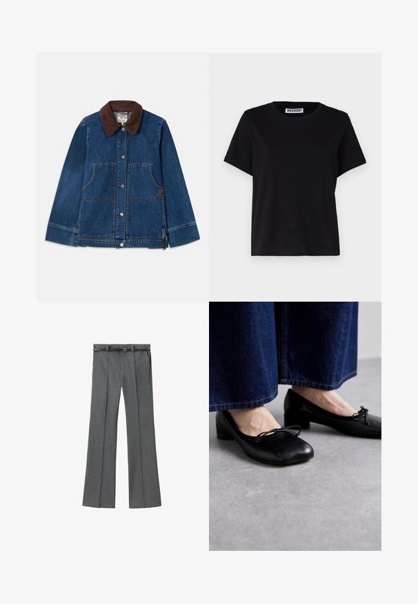 Džínová bunda s tmavě hnědým kordovým límcem, předními patentkami, dvěma předními kapsami a decentní nášivkou loga na boku.; Černé tričko s krátkým rukávem vyrobené z bavlny. Má kulatý výstřih a volný střih. Na límci je štítek s nápisem "WEEKDAY".; Šedé kalhoty na míru se rovnou nohavicí, lehký materiál, poutka na opasek a úzký opasek se stříbrnou sponou.; Černé kožené boty se čtveratou špičkou a nízkým podpatkem, s dekorativní mašlí na přední straně. Nosené s tmavými džíny.