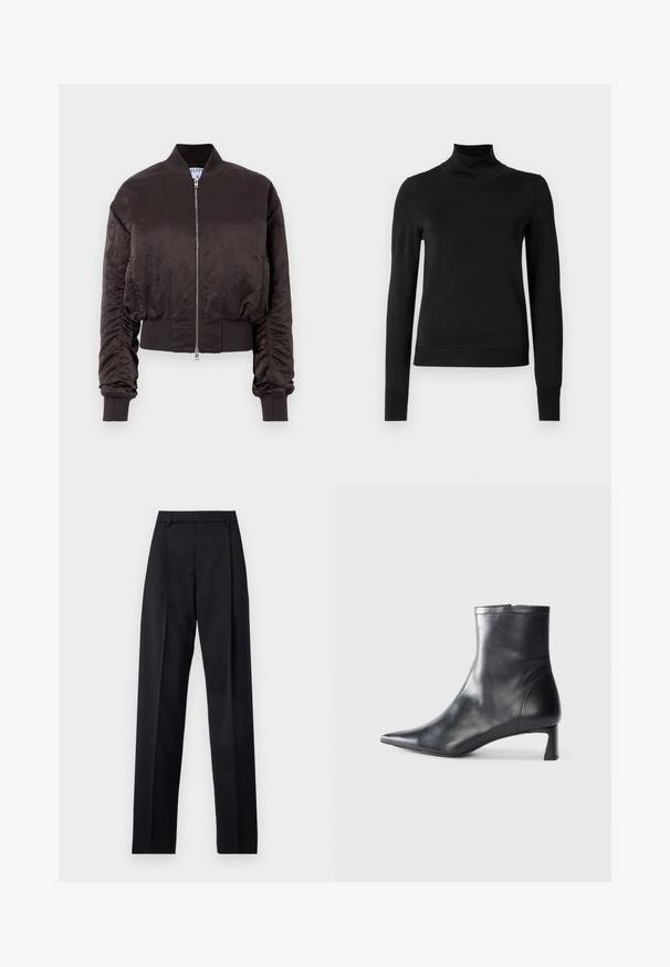 Temno rjav bomber jakna z gladkim, sijočim materialom, z zadrgo spredaj, rebrastimi manšetami in elastičnim pasom, ki vključuje rahlo nabiranje na rokavih.; Črni pulover s dolgimi rokavi in vratnikom, z rebrastimi манжетами in robom, prikazan na enobarvni beli podlagi.; Črne hlače iz gladkega materiala, ki imajo visok pas, široke noge, sprednje nabore in klasične zanke za pas. Nevidni stranski žepi.; Črne usnjene gležnjarje s šiljastim nosom in elegantnim dizajnom. Imajo nizko peto in zadrgo na zadnji strani. Gladka tekstura.
