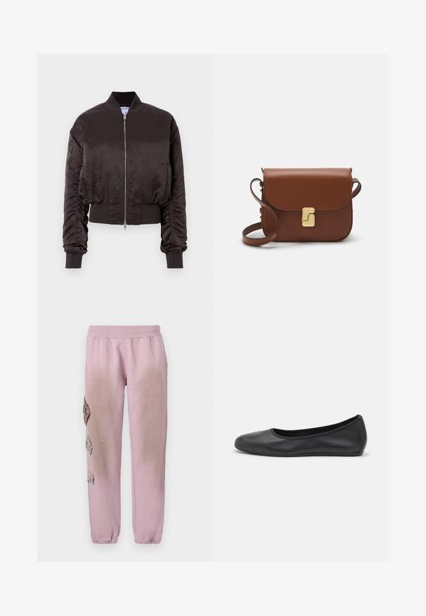 Ciemnobrązowa kurtka bomberka z gładkiego, błyszczącego materiału, zapinana na zamek z przodu, z prążkowanymi mankietami i elastycznym pasem, z lekko marszczonymi rękawami.; Biała koszulka krótki rękaw wykonana z materiału prążkowanego. Okrągły dekolt, regularny krój i subtelne detale szwów. Bez wzorów ani grafik.; Różowe dresy z elastycznym pasem, zdobione dekoracyjnymi łatkami w kształcie diamentów po lewej stronie oraz elastycznymi mankietami na kostkach.; Czarne skórzane baletki z zaokrąglonym noskiem, gładką fakturą, minimalnymi przeszyciami i elastycznym designem podeszwy.; Brązowa skórzana torebka na ramię z klapką, złotymi detalami, paskiem na ramię i gładką teksturą. Kompaktowy prostokątny kształt.