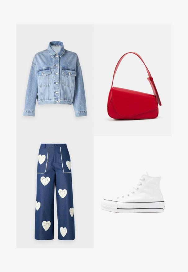 LTB CELIA - Casaco de ganga - crystal evonne; Blusa floral com mangas bufantes longas, base de creme claro, apresentando padrões florais em roxo, laranja e verde, e design de gola clássica.; Sister Jane HEART TO HEART - Calças de ganga de perna direita - blue denim; Sapatilha alta de tela branca com sola de borracha preta, bico de borracha na frente e seis ilhós para os atacadores, apresentando um design limpo e minimalista.; Bolsa de mão em couro vermelho com um design angular e geométrico. Apresenta uma única alça ajustável e um fecho com aba, com detalhes cosidos.