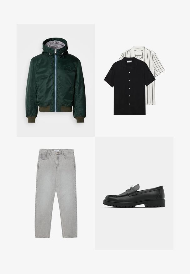 Temno zelena bomber jakna s kapuco, srebrna notranja obloga, sprednji zadrga, rebrasti manšeti in rob, ter logotip na prsih.; Dve majice s kratkimi rokavi: ena enobarvna črna, druga bela z črnimi navpičnimi črtami. Obe imata gumbaste zapenke in klasičen ovratnik.; Svetlo sivi traper hlače s ravnim krojem, pet žepov in gumbom za zapiranje. Vidno šivanje ob šivih.; Črne usnjene loafers čevlje z zaobljenim nosom, ki imajo šivano zasnovo, nizko platformo in teksturiran, profiliran gumijast podplat.