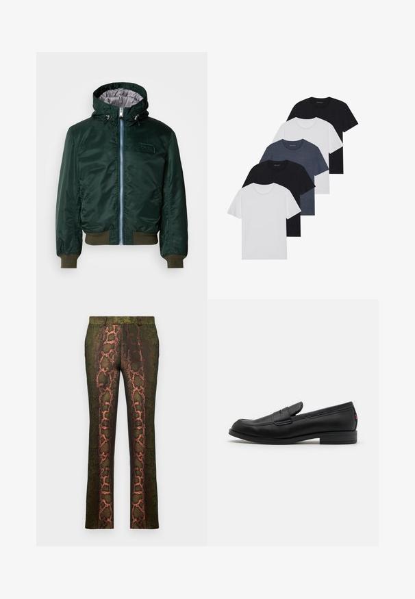 Tumši zaļš bomber jakas ar kapuci, sudraba iekšējais oderējums, priekšējā rāvējslēdzēja aizdare, ribota aproces un apakšmalas, kā arī logo uzlīme krūtīs.; Piecu T-kreklu komplekts melnā, baltā un tumši zilā krāsā. kokvilnas audums, īsas piedurknes, apļveida kakla dizains un vienkārša faktūra bez rakstiem.; Zaļas bikses ar rakstu, kas iekļauj čūsku drukājumu brūnos un oranžos toņos, taisna silueta un gluda tekstūra.; Melnas ādas loafers ar gludu apdari, noapaļotu purngalu un mazu dekoratīvu flap. Ietver zemu kraujošu papēdi un smalku zīmola detalizāciju.
