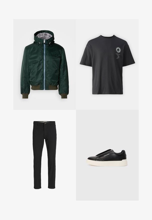 Dark green bomber jacket with a hood, silver interior lining, front zipper closure, ribbed cuffs and hem, and logo patch on chest.; Black cotton t-shirt with short sleeves, round neck, and front graphics of a sun and moon, accompanied by text "Le Soleil et La Lune."; Black cotton blend pants with a slim fit, featuring a button closure, pockets, and rolled cuffs for a casual finish.; Black slip-on sneaker with textured leather upper, white rubber sole, and no visible laces. Features brand logo on the side.