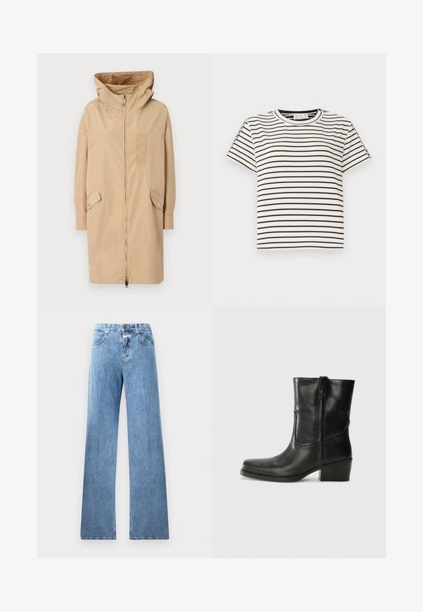 Beżowa wodoodporna kurtka z kapturem, z zamkiem błyskawicznym z przodu, zatrzaskami na rękawach, dwoma kieszeniami po bokach i fakturowaną naszywką na klatce piersiowej.; Bawełniana koszulka T-shirt z krótkim rękawem i okrągłym dekoltem, z czarnymi pionowymi paskami na białym tle oraz prostym krojem.; Jasnoniebieskie dżinsy o szerokim kroju, pięć kieszeni, szlufki na pasek i zapięcie na guzik. Tkanina ma gładką strukturę.; Czarne skórzane botki za kostkę z okrągłym noskiem, słupkowym obcasem, bocznym zamkiem i przeszyciami na cholewce. Gładka tekstura, klasyczny design.