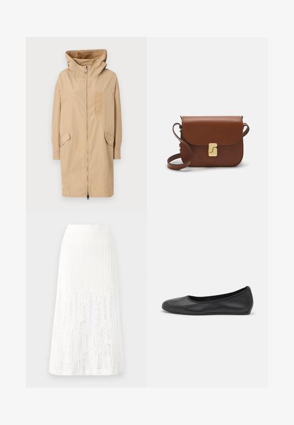 Beige vízálló dzseki, kapucnival, elülső cipzárral, patentgombokkal az ujjakon, két oldalsó zsebbel és texturált folttal a mellkason.; Fehér, rövid ujjú póló ribbed anyagból. Kerek nyakkivágás, normál szabás és diszkrét varrási részletek. Nincsenek minták vagy grafikák.; Fehér kötött midi szoknya, amelynek textúrája függőleges vonalakkal és kivágott részletekkel díszített az alján. Rugalmas derékpánt. Puha anyag.; Fekete bőr balettcipő lekerekített orral, sima tekstúrával, minimális varrással és rugalmas talp kialakítással.; Barna bőr kézitáska, hajtókás zárással, arany színű fém kiegészítőkkel, vállpánttal és sima felülettel. Kompakt téglalap alakú.