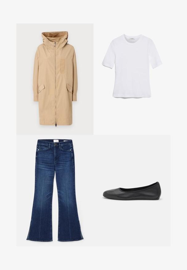 Beige vedenšalimo striuka su kapuci, priekiniu užtrauktuku, užsegimo mygtukais ant rankovių, dviem šoninėms kišenėmis ir tekstūruota pleistra ant krūtinės.; Valkoinen lyhythihainen t-paita, joka on valmistettu ribbytedusta kankaasta. Pyöreä pääntiie, normaali istuvuus ja hienovaraiset ompeluyksityiskohdat. Ei kuvioita tai grafiikkaa.; Tummansiniset leveälahkeiset farkut, jotka on valmistettu denimmateriaalista. Ominaisuuksiin kuuluu korkea vyötärö, etupocketit ja halkiokohdat helman kohdalla. Klassinen viiden taskun muotoilu.; Musta nahkainen ballerina, jossa on pyöristetty kärki, sileä pinta, minimaalinen ommelkoristelu ja joustava pohjamuotoilu.