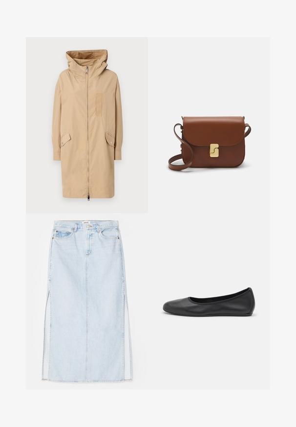 Beige vízálló dzseki, kapucnival, elülső cipzárral, patentgombokkal az ujjakon, két oldalsó zsebbel és texturált folttal a mellkason.; Hosszú ujjú fehér póló bordázott pamutból, kerek nyakkivágással és egyenes szegéllyel. Egyszerű dizájn, minta vagy díszítések nélkül.; Világoskék farmer maxi szoknya egyenes szabással, oldalsó hasítékokkal és öt zsebes kialakítással. Kiemelkedő varrás és fém gombos zárás.; Fekete bőr balettcipő lekerekített orral, sima tekstúrával, minimális varrással és rugalmas talp kialakítással.; Barna bőr kézitáska, hajtókás zárással, arany színű fém kiegészítőkkel, vállpánttal és sima felülettel. Kompakt téglalap alakú.