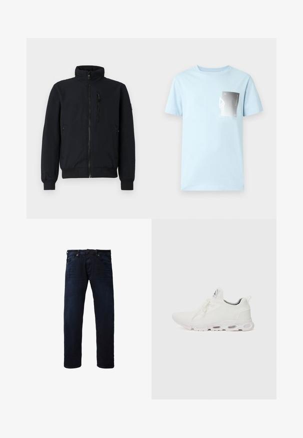 Musthave musta bomber-jakk, millel on kõrge krae, ees lukuga, soonikkoes mansetid ja kaks küljetaskut. Sile kangas tekstuurse vöökoha küljes.; Hele sinine puuvillane t-särk lühikeste käistega ja ümmarguse kaelusega. Vasakul rinnal on must-valge ristkülikukujuline graafika.; Tumed sinine denimist pükste otse jalge lõige, viie tasku disain ja tavaline nööbiga sulgemine. Sile tekstuur minimaalse kulumisega.; Valged sportijalatsid, millel on tekstuuriga kudum peal, lame paelad ja pehmendatud tallad nähtavate õhukambritega täiendava toe jaoks.