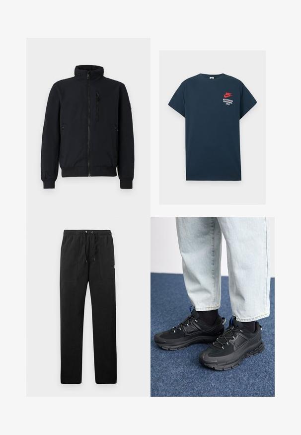 Črna bomberska jakna z visokim ovratnikom, sprednjim zadrgo, rebrastimi manšetami in dvema stranskima žepoma. Gladek material s teksturiranim pasom.; Temno modra bombažna majica s kratkimi rokavi. Ima rdečo Nikeovo logo in belo besedilo "DOVOLJENI SAMO OSEBJU" na levem prsnem delu.; Črne trenirke iz flisa, z elastičnim pasom in vrvico, dvema sprednjima žepoma ter majhnim logotipom na stegnu.; Črne športne čevlje z teksturirano tkanino in gumijastimi podplati, ki imajo elastične vezalke ter modre poudarke na peti. Nosi se z lahkimi denim hlačami.