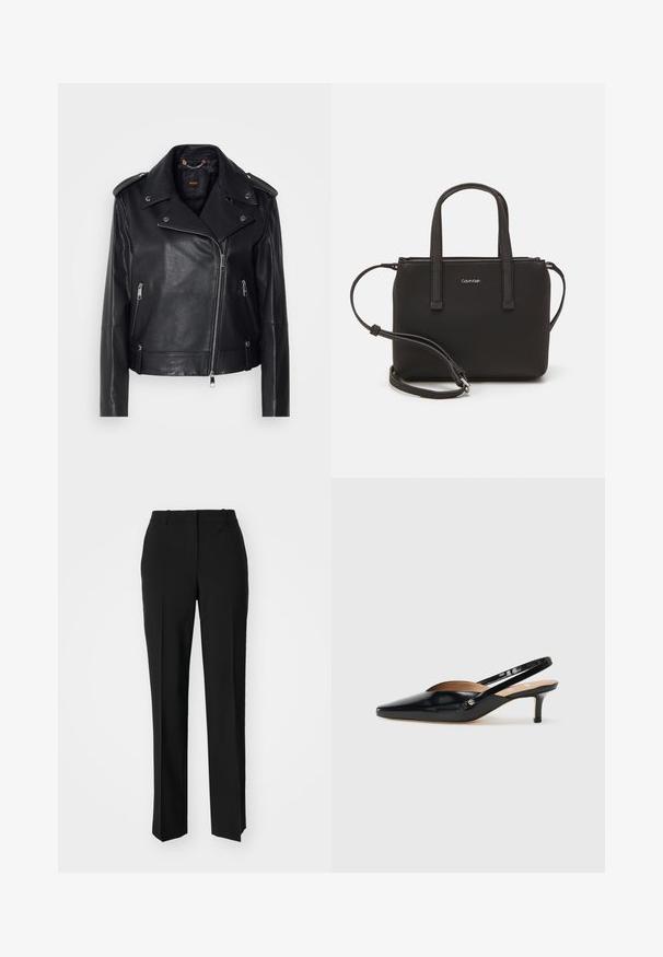 Svart läderbikerjacka med en strukturerad yta, asymmetrisk dragkedja, slagkrage och silverfärgade metallaccenter. Har två sidofickor.; Vit bomullstopp med tunna axelband, med en rundad halsringning och en något genomskinlig textur. Nedtill är den rak utan några ytterligare detaljer.; Svarta skräddarsydda byxor med rak benform, med en slät yta och skarpa veck fram. Ingen synlig hårdvara.; Svart lackläder slingback pumps med spetsig tå, liten klack och ett utskärningsmönster på ovandelen. Guldtonad hårdvara som accent på sidan.; Svart handväska med dubbla korta handtag och ett avtagbart axelband. Slät läderliknande material med dragkedjestängning och logodetalj.