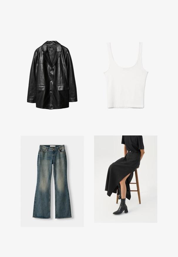 Mustat nahkableiseri, jossa on lovellinen kaulus, yksirivinen nappisulku, kaksi etutaskua ja sileä, kiiltävä pinta.; Valkoinen puuvillainen hihaton toppi, jossa on pyöristetty pääntie, ei hihoja ja vartalonmyötäinen muoto. Sileä pinta, yksinkertainen muotoilu ja vähäiset ompeluyksityiskohdat.; Siniset leveälahkeiset farkut, joissa on haalistunut pesu, viisi taskua ja nappikiinnitys. Materiaalissa on farkkukangas, jossa on hienovaraisia ompeluyksityiskohtia.; Musta pellavasta valmistettu maxi-hame, jossa on korkea halkio, puettuna mustan t-paidan ja mustien nilkkabootsien kanssa. Minimalistinen muotoilu, rento istuvuus.