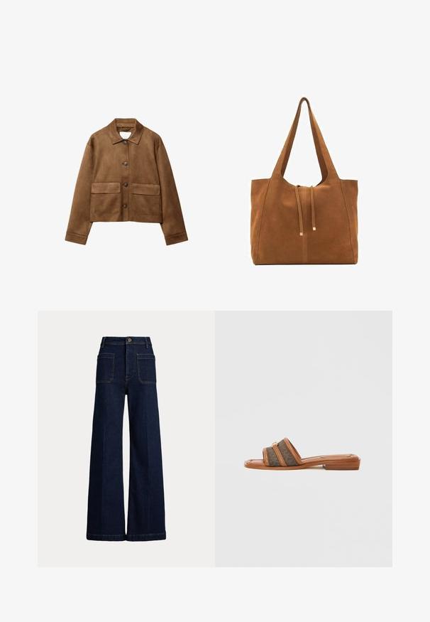 Braune Wildlederjacke mit Kragen, vorderem Knopfverschluss und zwei großen Taschen. Texturierte Oberfläche und cropped Design.; Kurzärmliges, gestreiftes Oberteil in Creme und Marineblau, mit rundem Halsausschnitt und kastiger Form aus strukturiertem Stoff.; Weite, dunkelblaue Jeans mit hohem Bund, Fünf-Taschen-Design und kontrastierenden Nähten. Sie verfügt über einen Knopfverschluss und eine strukturierte Form.; Braune Sandale mit flacher Sohle und zwei breiten Stoffriemen in dunklem Muster, versehen mit goldfarbenen Metallakzenten.; Braune Wildleder-Tasche mit zwei langen Trägern, Zugverschluss und minimalistischem Design. Glatte Textur und keine sichtbaren Hardware-Details.