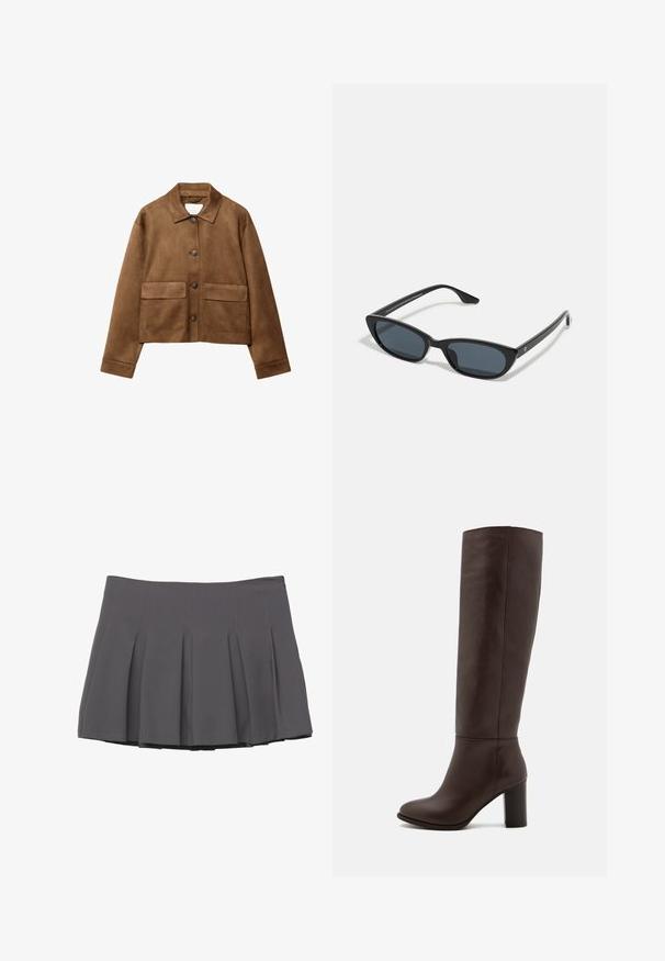 Brun ruskindjakke med kravesnit, tæt for-udknapning og to store lommer. Tekstureret finish og cropped design.; Lyseblå langærmet skjorte med knap-ned krave, enkelt brystlomme og afslappet pasform. Glat stofstruktur og klassisk design.; Grå plisseret nederdel med en glat tekstur, der har syede detaljer og en tætsiddende talje, der slutter ved midt-lår længde.; Brun læderknæhøj støvle med en blokhæl, glat tekstur, rund tå og minimale syninger.; Sorte katteøje solbriller med mørke linser, plastikramme, slanke temple og diskret branding på den indre arm. Mat finish tekstur.; Brun ruskinds håndtaske med to robuste håndtag, rektangulær form og dekorativt stropdetalje på forsiden.