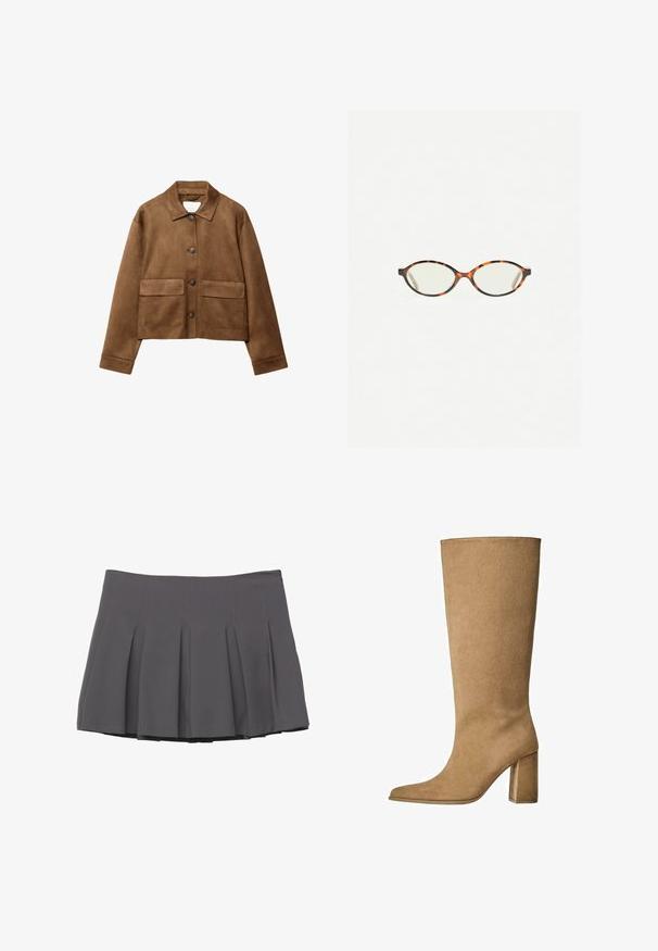 Braune Wildlederjacke mit Kragen, vorderem Knopfverschluss und zwei großen Taschen. Texturierte Oberfläche und cropped Design.; Hellblaues Langarmhemd mit button-down Kragen, einer Brusttasche und einem lockeren Schnitt. Glatte Stoffstruktur und klassisches Design.; Grauer gefalteter Rock mit glatter Textur, der gestickte Details und einen taillierten Bund aufweist und in einer Länge bis zur Mitte des Oberschenkels abschließt.; Hellbraune Wildleder-Stiefel bis zum Knie mit Blockabsatz, spitz zulaufender Zehenform und glatter Textur. Minimalistisches Design ohne Verzierungen.; Schildpatt-Eyegläser mit ovalen Gläsern und einer eleganten, glatten Oberfläche. Mit dünnen Seiten und einer subtilen Kurve an den Schläfen. Klare Gläser.