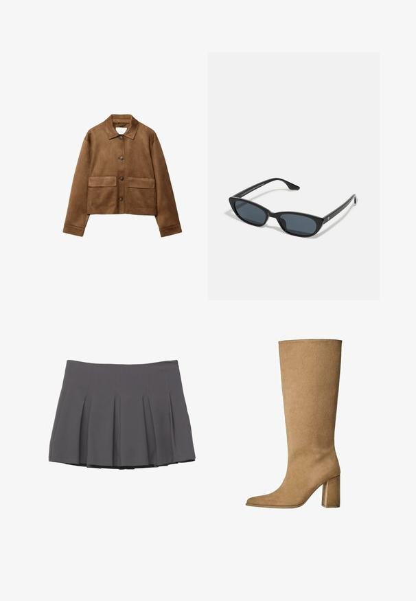 Hnědá nubuková bunda s límcem, předním zapínáním na knoflíky a dvěma velkými kapsami. Texturovaný povrch a zkrácený střih.; Světle modrá košile s dlouhým rukávem a límečkem na knoflíky, s jednou náprsní kapsou a volným střihem. Hladký textilní povrch a klasický design.; Šedá plisovaná sukně s hladkým povrchem, zdobená prošitými detaily a přiléhavým pasem, končící v polovině stehna.; Tan semišové kozačky po kolena s blokovým podpatkem, s špičatou špičkou a hladkým povrchem. Minimalistický design bez zdobení.; Černé sluneční brýle typu cat-eye s tmavými skly, plastovým rámem, úzkými nohami a jemným brandingem na vnitřní straně ramene. Matte povrchová textura.; Hnědá semišová kabelka se dvěma pevnými uchy, obdélníkovým tvarem a dekorativním páskem přes přední stranu.