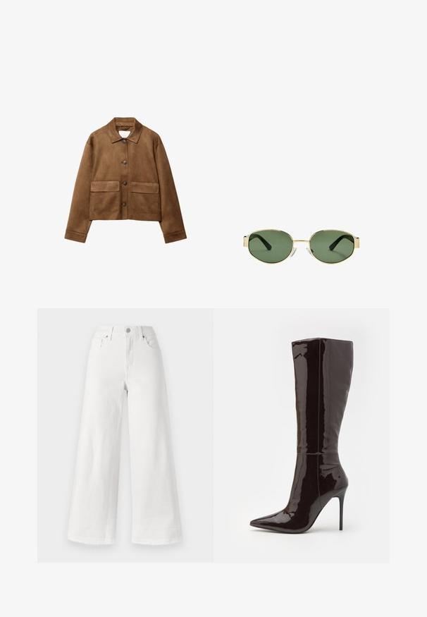 Braune Wildlederjacke mit Kragen, vorderem Knopfverschluss und zwei großen Taschen. Texturierte Oberfläche und cropped Design.; Langärmliges Oberteil aus cremefarbener Stoff, mit leichter Raffung an den Seiten und klassischem Kragen. Sanfte Textur, schlichtes Design.; Weiße, weite Jeans aus Denim mit hoher Taille, vier Taschen und rawem Saum am unteren Ende für eine textile Struktur.; Even&Odd High Heel Stiefel - dark brown; Sonnenbrille mit goldfarbenem Metallrahmen, grünen getönten Gläsern, ovaler Form, schwarzen Bügeln und klaren Nasenpads. Sauberes, minimalistisches Design.