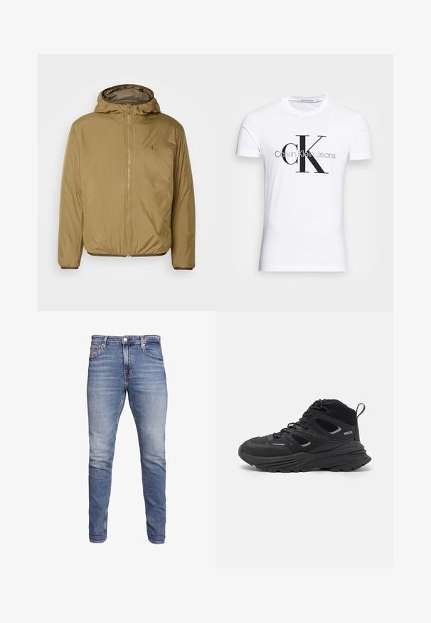 Smėlinė izoliuota striukė su kapišonu, turinti priekinį užtrauktuką, elastines rankogalius ir subtilų logotipą krūtinėje. Lygus, lengvas audinys.; Balta medvilninė marškinėliai su juodu "CK" logotipu ir "Calvin Klein Jeans" tekstu, trumpomis rankovėmis ir klasikine apvalia iškirpte.; Mėlyni liesi džinsai su penkiomis kišenėmis, blyškios spalvos, mygtukų uždarymas ir diržo kilpos, pateikti prieš baltą fono.; Juodi žygio batai su sluoksniuota struktūra, tekstūruota medžiaga ir guma padanga, su sutvirtintomis sritimis ir raištelių užsegimu.