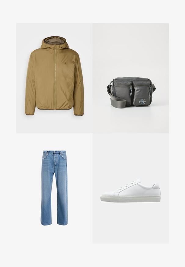 Bež izolacijska jakna s kapuco, z sprednjim zadrgo, elastičnimi manšeti in diskretnim logotipom na prsih. Gladek, lahek material.; Majica z dolgimi rokavi in visoko ovratnikom iz svetle smetane bombaža. Gladka tekstura, sproščen kroj, minimalističen dizajn, brez vidnih vzorcev ali poudarkov.; Svetlo modre denim kavbojke s ravno nogavico, petimi žepi, z gumbom za zapiranje, minimalnim zbledelostjo in kontrastnimi šivi.; Bela športna obutev z gladkim usnjenim zgornjim delom in nizkim profilom. Ima zaokrožen nos, šest lukenj za vezalke in teksturiran gumijast podplat.; Siva najlon torbica preko ramena z dvema žepoma z zadrgo spredaj, nastavljivim trakom in logotipom. Gladka tekstura s sodobnim dizajnom.