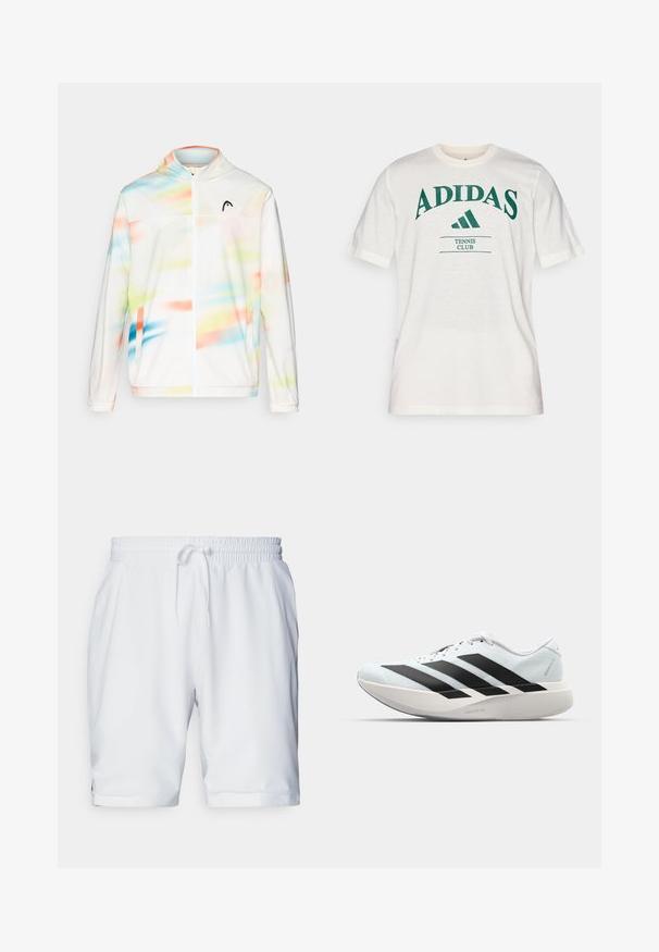 Helle windbreaker-Jacke mit Kapuze, die ein farbenfrohes abstraktes Muster in Blau-, Grün-, Pink- und Orangetönen aufweist und einen Frontreißverschluss hat.; Weißes Baumwoll-T-Shirt mit grüner "ADIDAS"-Aufschrift, verfügt über einen runden Halsausschnitt und kurze Ärmel. Enthält "TENNIS CLUB" unter dem Logo.; Weiße Sportshorts mit elastischem Bund und verstellbarem Kordelzug. Glatter Stoff mit subtiler Textur, ausgestattet mit Seitentaschen.; Leichte Laufschuhe in hellblau mit schwarzen Streifen. Sie verfügen über ein glattes Obermaterial, eine runde Zehenpartie und eine dicke weiße Zwischensohle, die mit "LIGHTSTRIKE PRO" beschriftet ist.