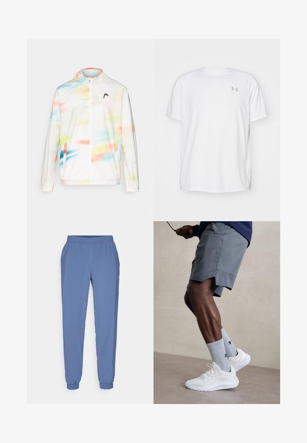 Hettejakke i hvit med et fargerikt abstrakt mønster i nyanser av blå, grønn, rosa og oransje, samt frontglidelås.; Hvit treningstopp med korte ermer laget av glatt stoff. Har rund hals og grått logo på venstre bryst, med sidesplitter i kanten.; Blå, lette joggebukser med elastisk liv og mansjetter. Har en jevn tekstur og en liten logo på siden.; Hvite treningssko med teksturert mesh-overdel, kombinert med lyseblå ribbestrikkede sokker med logo. Grå treningsshorts med perforert kant.