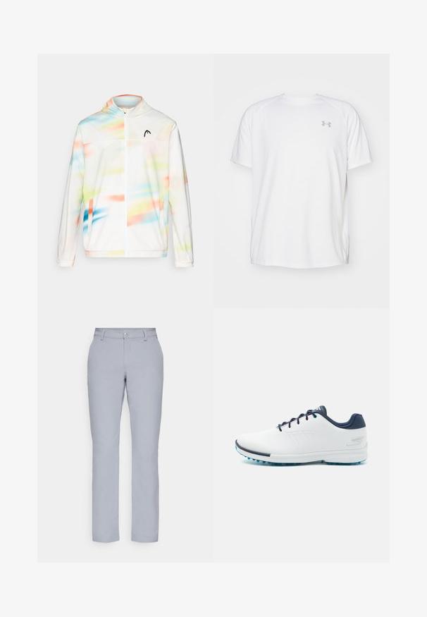 Balta vėjui atspari striukė su gobtuvu, puošta spalvingu abstrakčiu raštu, kuriame dominuoja mėlyna, žalia, rožinė ir oranžinė spalvos, ir su priekiniais užtrauktukais.; Balta trumpa rankovėmis sportinė marškinėliai, pagaminti iš lygaus audinio. Yra apvalus kaklas ir pilkas logotipas kairėje krūtinės pusėje, o apatinėje dalyje yra šoninės plyšiai.; Šviesiai pilkos kelnes su tiesiu kirpimu, mygtuko uždarymu, priekinėmis kišenėmis ir lygia, tekstūruota medžiaga. Minimalistinis dizainas, be raštų.; Balti sportiniai bateliai su lygiu sintetinės medžiagos paviršiumi, mėlynais akcentais, tekstūruotu tamsiai mėlynu kulnu ir lengvu, adatiniu padu geresniam sukibimui.