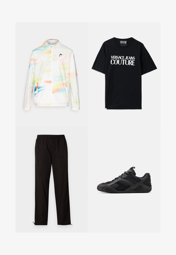 Kapucnis széldzseki fehér színben, színes absztrakt mintázattal, kék, zöld, rózsaszín és narancs árnyalatokban, elől cipzárral.; Fekete pamut póló rövid ujjakkal, amelynek elején nagy fehér felirat olvasható: "VERSACE JEANS COUTURE". Klasszikus kerek nyakú kialakítás.; Fekete, könnyű nadrág, elasztikus derékkal, húzózsinórral és cipzáros szegélyekkel, amelyek lehetővé teszik az állítható illeszkedést. Simaság és elegáns textúra.; Fekete sportcipők sima és texturált anyagok keverékéből, jellegzetes kialakítással, formázott talppal és hangsúlyos logó részletekkel.
