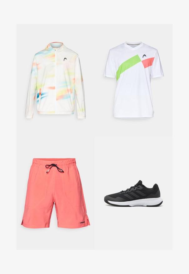 Balta vėjui atspari striukė su gobtuvu, puošta spalvingu abstrakčiu raštu, kuriame dominuoja mėlyna, žalia, rožinė ir oranžinė spalvos, ir su priekiniais užtrauktukais.; Balta sportinė marškinė su v-kaklu, papuoštos žalios ir rožinės spalvų įstrižais akcentais. Pagaminta iš lengvos, kvėpuojančios medžiagos.; Koralinės maudymosi šortai, pagaminti iš lengvos medžiagos, su elastine juosta ir juodu išoriniu raišteliu, turintys šoninius įpjovimus ir logotipo detalę.; Juodas sportinis batelis su tekstūruota viršutine dalimi, trimis horizontaliomis juostelėmis ir baltu padu su raštuotu protektoriumi. Lengvas ir aerodinamiškas dizainas.
