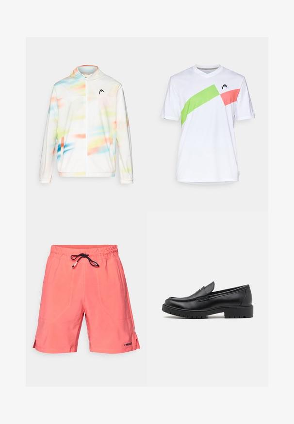 Balta kapucejama vēja jaka, kas piedāvā krāsainu abstraktu rakstu ar ziliem, zaļiem, rozā un oranžiem toņiem, un priekšējo rāvējslēdzēju.; Balts sporta krekls ar v-veida kaklu, kuram ir diagonāli akcenti zaļā un rozā krāsā. Izgatavots no viegla, elpojoša auduma.; Koraļļu peldbikses, izgatavotas no viegla auduma, ar elastīgu jostu un ārēju melnu auklu, ar sānu šķēlumiem un logotipa detaļu.; Melni ādas loafers ar noapaļotu pirkstu, viegli uzvelkami, un biezu gumijas zoli ar teksturētu saķeri. Pacelta papēža un diskrētas šuvju detaļas.