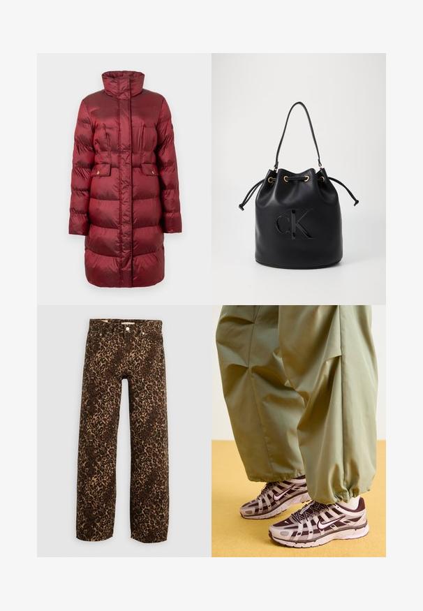 Piumino invernale rosso, imbottito, con colletto alto, due tasche frontali e design dritto. Realizzato in materiale lucido e leggero.; Maglia nera a maniche lunghe con collo a imbuto, realizzata in un tessuto morbido e elasticizzato. Presenta un collo alto e una silhouette aderente senza decorazioni.; Jeans a gamba larga con stampa leopardata in marrone e beige. Realizzati in denim, presentano un classico design a cinque tasche e finiture in metallo.; Scarpe da ginnastica sportive con un design grigio e viola scuro, dotate di una parte superiore in rete, cinghie di supporto e suola in gomma, abbinate a pantaloni verdi larghi.; Borsa a secchiello in pelle nera con chiusura a cordoncino, caratterizzata da un logo "CK" lucido sulla parte anteriore e dettagli in hardware dorato.