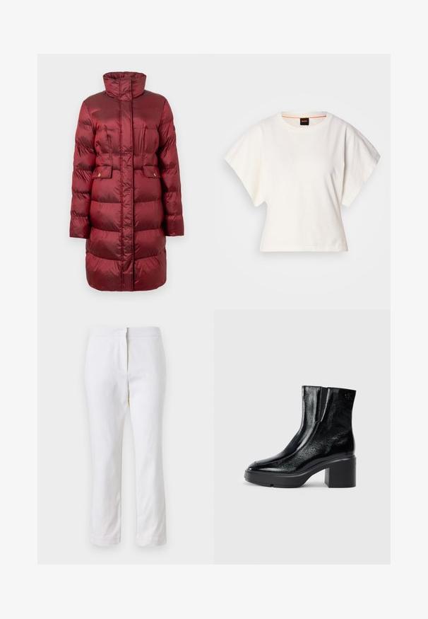 Κόκκινο, επενδεδυμένο χειμωνιάτικο παλτό με ψηλό γιακά, δύο μπροστινές τσέπες και ευθεία γραμμή. Φτιαγμένο από λαμπερό, ελαφρύ υλικό.; Λευκό κοντομάνικο μπλουζάκι, φαρδιές κοντές μανίκες, μαλακό βαμβακερό υλικό, στρογγυλή λαιμόκοψη με διακριτική πορτοκαλί λεπτομέρεια, μινιμαλιστικός σχεδιασμός, χωρίς σχέδια ή γραφικά.; Λευκά βαμβακερά παντελόνια με ίσια γραμμή, με μέση στο μέσο ύψος και χωρίς ορατό μεταλλικό εξάρτημα ή σχέδια. Λείος υφασμάτινος χαρακτήρας σε όλη την επιφάνεια.; Μαύρες πατενταρισμένες δερμάτινες μπότες στον αστράγαλο με καμπυλωτή μύτη, ελαστικές πλαϊνές πινακίδες και χοντρό μπλοκ τακούνι. Διαθέτουν ανάγλυφο λογότυπο στο πίσω μέρος.